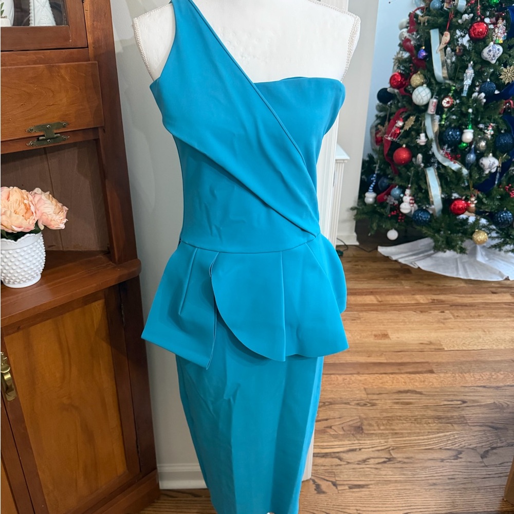 One-Shoulder Teal Peplum Sheath Dress